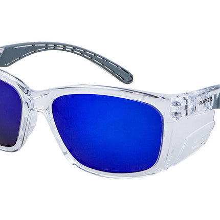 Rayzr Safety Glasses with microfibre bag - Clear Frame with Blue Mirror Lens UV400 - Polarized