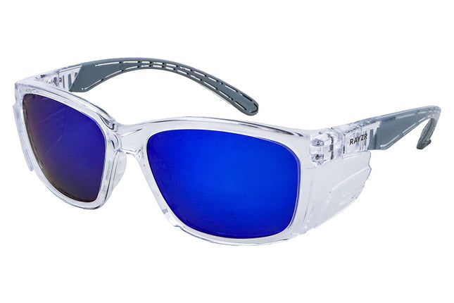 Rayzr Safety Glasses with microfibre bag - Clear Frame with Blue Mirror Lens UV400 - Polarized