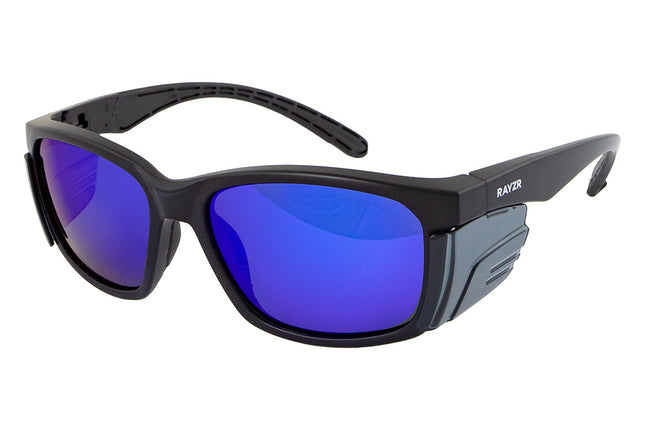 Rayzr Safety Glasses with microfibre bag - Black Frame with Blue Mirror Lens UV400 - Polarized