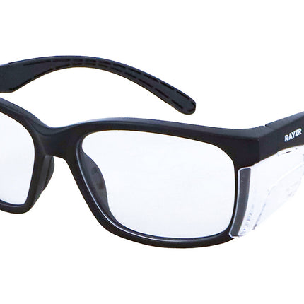 Rayzr Safety Glasses with microfibre bag - Black Frame with Clear Lens UV380