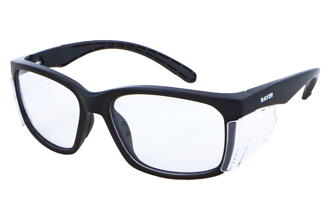 Rayzr Safety Glasses with microfibre bag - Black Frame with Clear Lens UV380