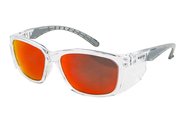 Rayzr Safety Glasses with microfibre bag - Clear Frame with Red Mirror UV400 Polarised