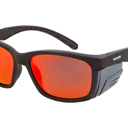 Rayzr Safety Glasses with microfibre bag - Matta Black Frame with Red Mirror UV400 Polarised