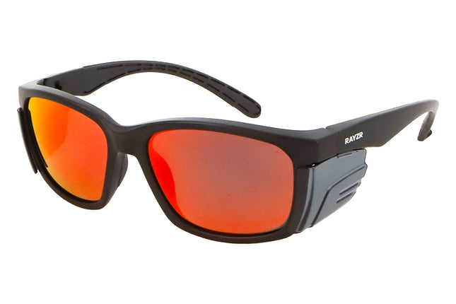 Rayzr Safety Glasses with microfibre bag - Matta Black Frame with Red Mirror UV400 Polarised