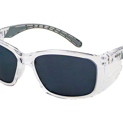Rayzr Safety Glasses with microfibre bag - Clear Frame with Smoke Lens UV380