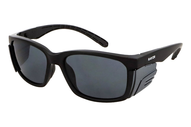 Rayzr Safety Glasses with microfibre bag - Black Frame with Smoke Lens UV380