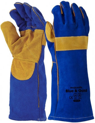 Blue & Gold Welders Gauntlet, Reinforced & Cross-Stitched