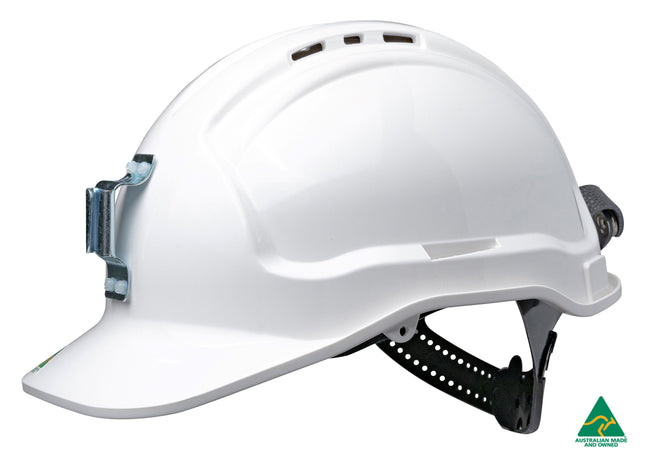 Tuffgard Vented Hard Hat with Sliplock Harness and metal lamp bracket