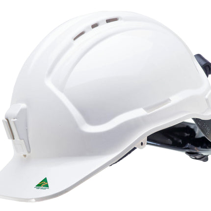 SKU: HTG57RH-PLV-W - Tuffgard Vented Hard Hat with Ratchet Harness and plastic lamp bracket