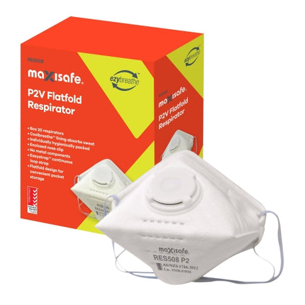 SKU: RES508 - Maxisafe P2 horizontal flat fold respirator with valve, box of 20