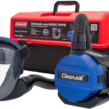 Unimask with Basic PAPR and P3 filters in portable storage container