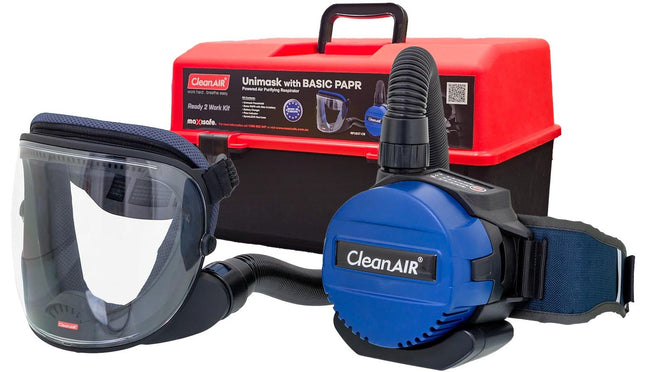 Unimask with Basic PAPR and P3 filters in portable storage container