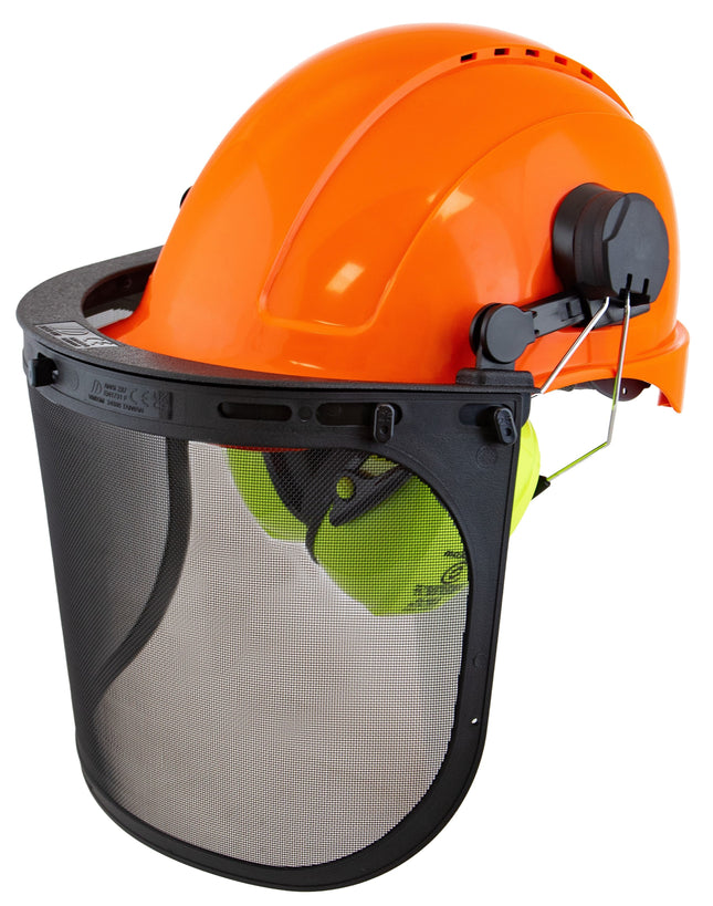 Professional Forestry Kit with Earmuffs , Mesh Visor and White H/Hat