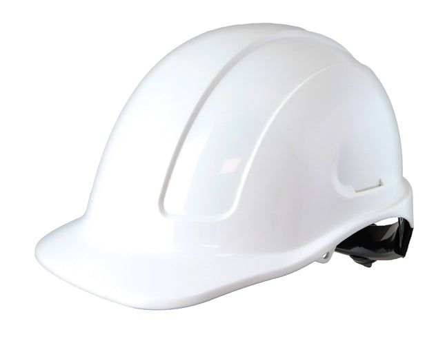 Maxisafe White Unvented Hard Hat, ratchet harness