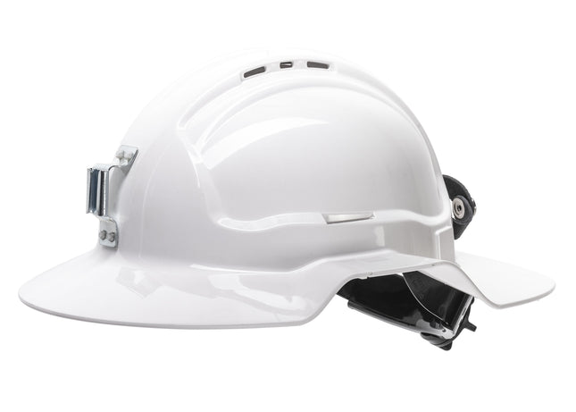 White Broadbrim hard hat w/ metal miners bracket & Ratchet Harness - Made in Australia