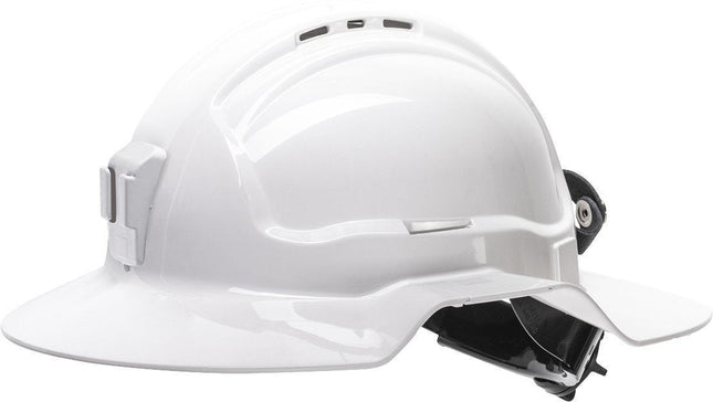 White Broadbrim hard hat with plastic miners bracket / leather rear lead strap - Made in Australia