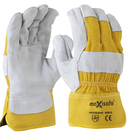 SKU: GLE147 - Grey split palm, yellow cotton back glove